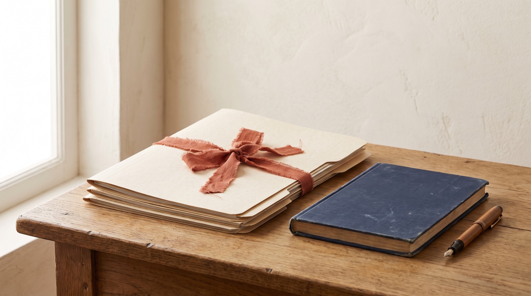 Cream folders, a navy notebook, and a fountain pen on oak