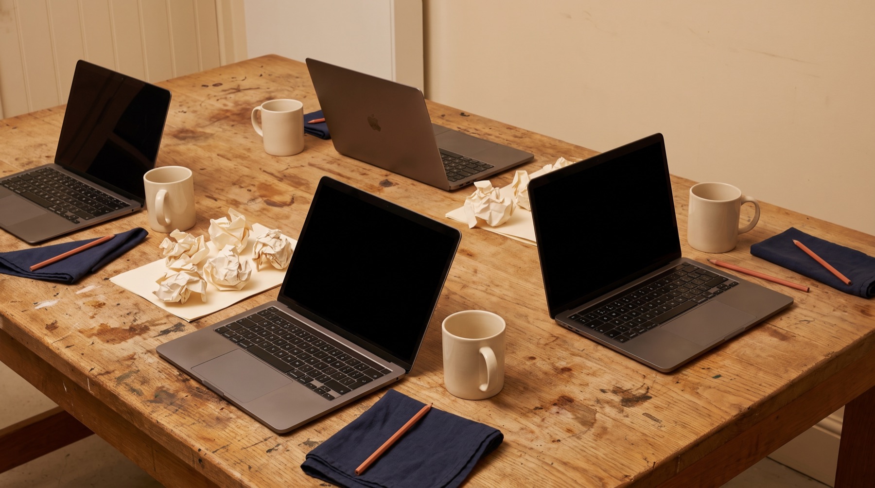 An in-person workshop table with open laptops and paper